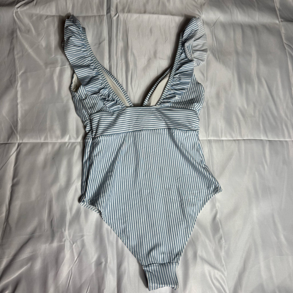 Women's H&M Striped Ruffle One Piece Swimsuit S White Blue - Picture 4 of 5